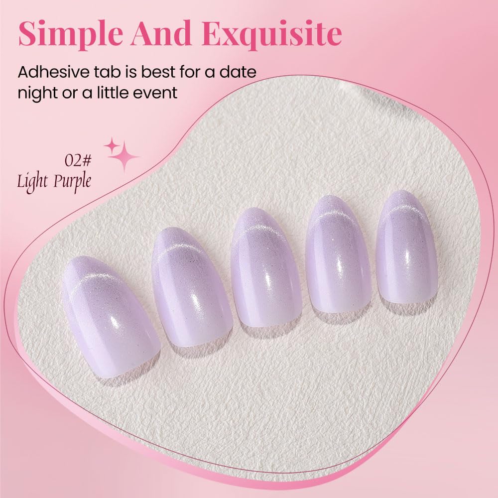 Cat Eye Press on Nails Short Almond - Light Purple Shimmer Glossy French Tip Press on Nails Gift, Soft Gel Press Glue On Nail with Nail Glue, Supremely Fit Full Cover Reusable Acrylic Fake Nails Kit