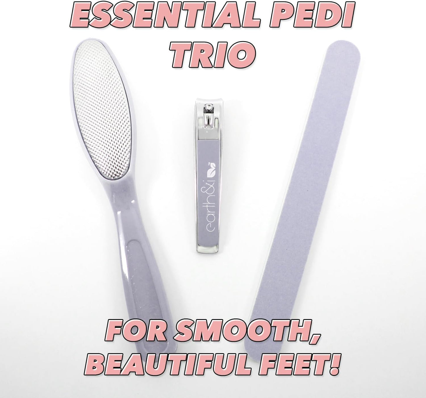 Earth & I -3 pc Manicure Pedicure Set: Large Nail Clipper, Callus Remover & Contour File, Stainless Steel Nail & Foot Care Kit for Men & Women, at Home Mani-Pedi Kit, Travel-Friendly Nail Care (Pink)