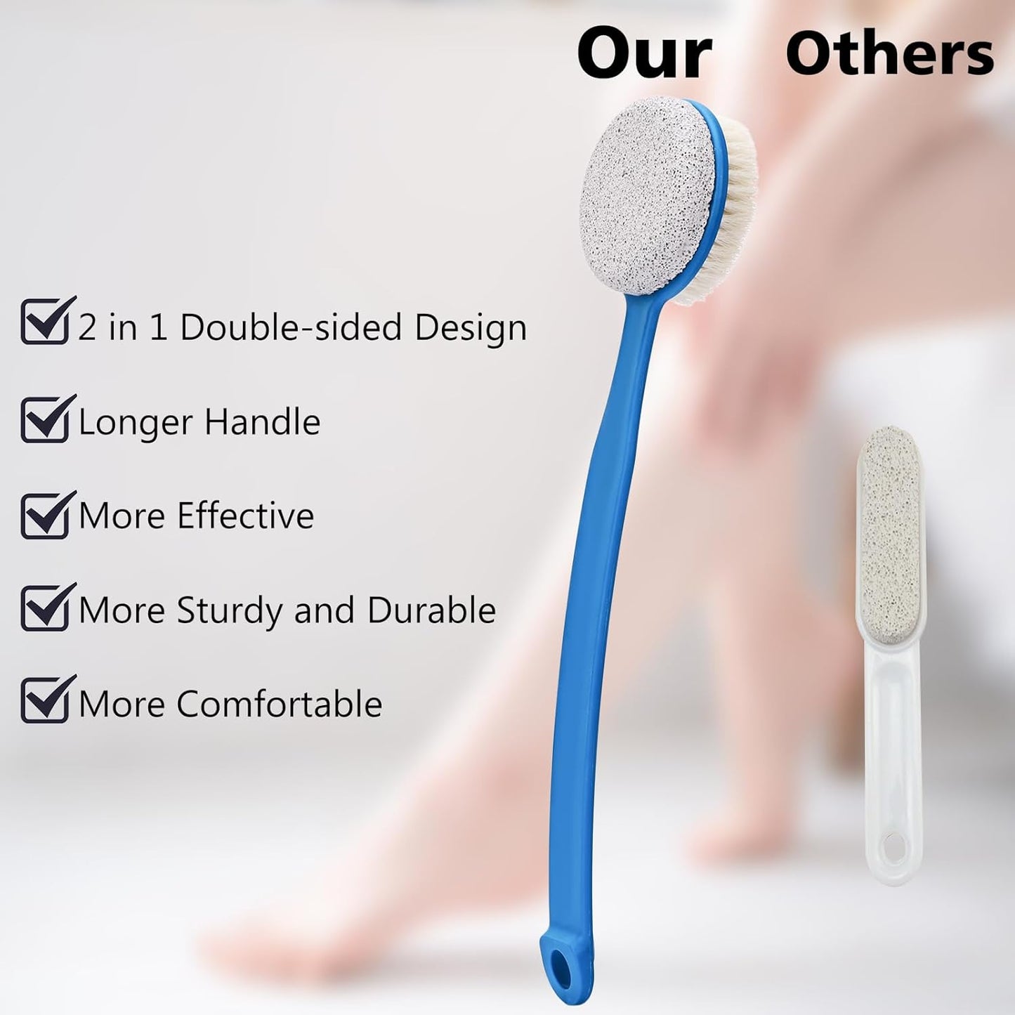 Foot File Callus Remover,Beomeen Pumice Stone for Feet with Long Handle, Hard Skin Callus Remover, 2 in 1 Foot Scrubber, Back Body Brush for Shower Brush Deep Cleansing and Exfoliating (Curved),Blue