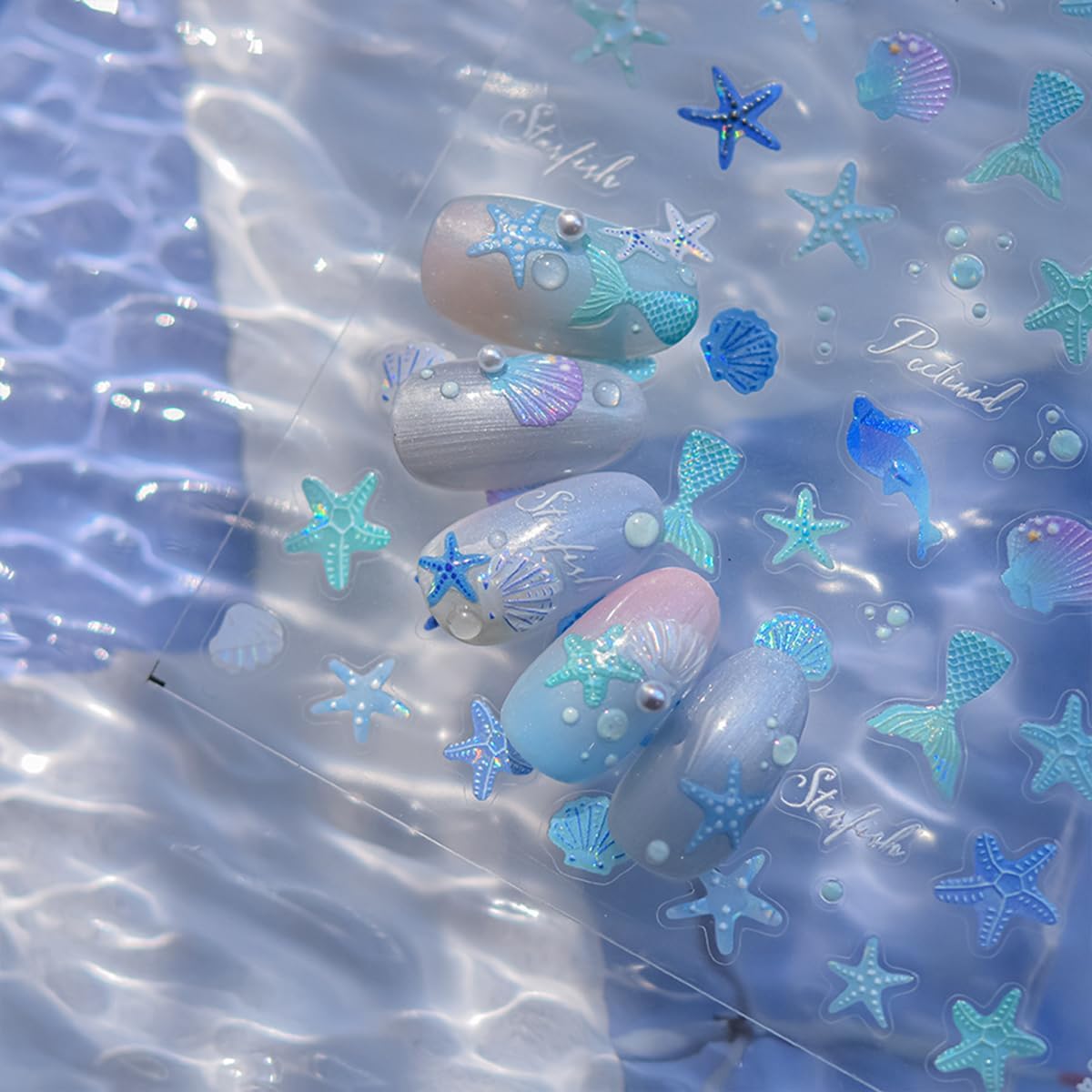 Summer Nail Art Stickers 5D Embossed Shell Starfish Nail Stickers Cute Dolphin Mermaid Nails Art Design Ocean Sea Theme Nail Decals Self Adhesive Nails Supplies for Women Manicure Decoration