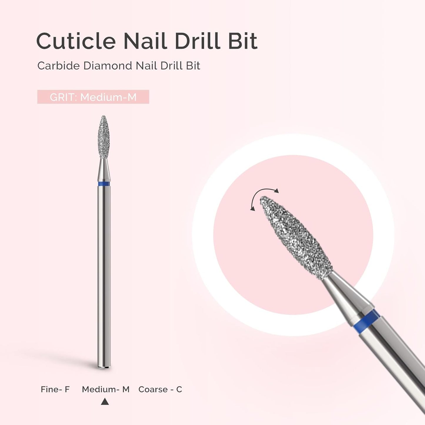 MelodySusie 2.2mm Flame Shape Cuticle Clean Nail Drill Bit 3/32'', Professional Safety Carbide Diamond Under Nail Cleaner for Cuticle Dead Skin Nail Prepare, Beginners Bits, Series Bit-S, Medium