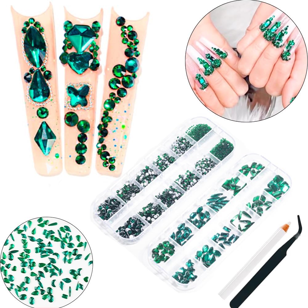 2680Pcs Emerald Green Nail Rhinestones, 120Pcs Big Glass Green Diamond Nails Gem Stones with Bling Flatback Round Beads, Clear Nail Art Charms Jewelry for Face DIY Decoration with PickTool