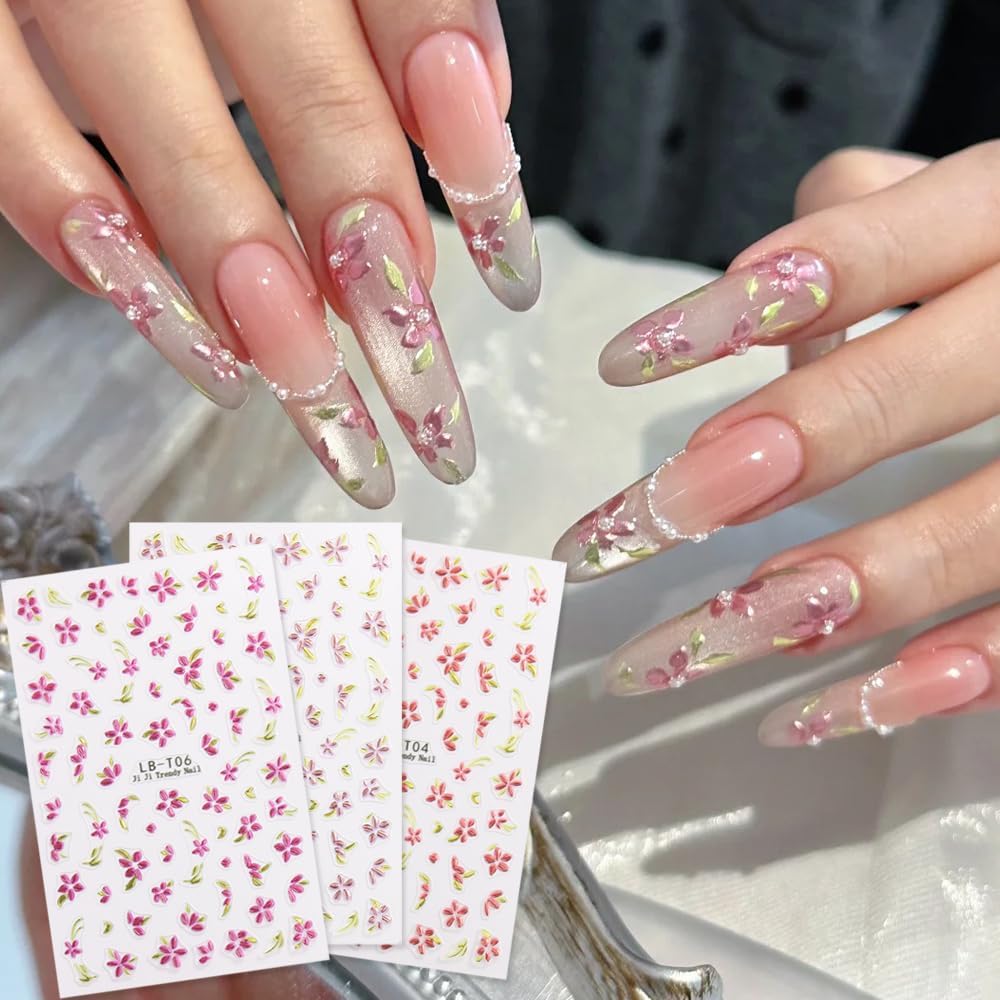 5 Sheets Bronzing Flower Nail Art Stickers Decals, Metallic Floral Leaf Plant 5D Embossed Nail Decals Self-Adhesive Nail Supplies Nail Art Design Decoration Accessories for Women and Girls