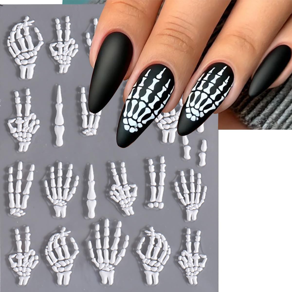 3 Sheets Halloween 5d Embossed Skeleton Nail Stickers for Nail Art Rose Flower Skeleton Nail Decals Self-Adhesive Pink Gold Nail Design Stickers Holiday Nail Art Supplies for Women Acrylic Nails