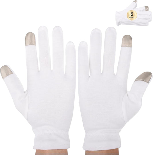 Segbeauty 12pcs Touchscreen Fingers Moisturizing Gloves, 6 Pairs Hand Gloves Moisturizing Overnight with Elastic Band for Women and Men, White Cotton Gloves Overnight Sleeing for Work Dry Hands Medium