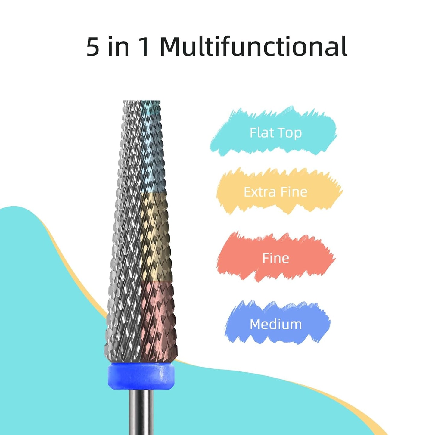 5 in 1 Nail Drill Bits, 24mm Flat Top Tapered Professional Tungsten Carbide Bit for Gel Polish & Acrylic Removal, Electric File Manicure Drills Accessories Tool,M
