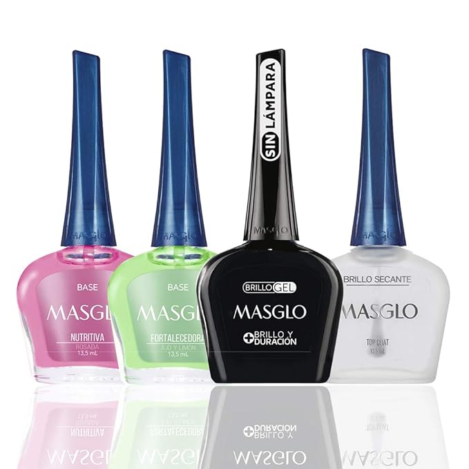 MASGLO Tradicional – Set of 4 Nail Polishes (2 Base Coat & 2 Top Coat), Up to 7 Days of Wear, Glossy Finish – (0.5 oz Each)