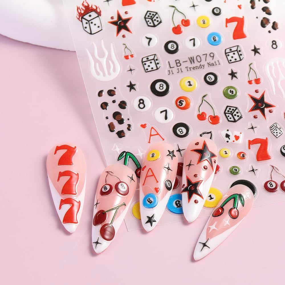 4 Sheets Pool & Dice Nail Art Stickers Decals, Cute Cartoon Style Dice Billiard Numbers Cherry Star Nail Art Design 5D Embossed Self-Adhesive Nail Decals Manicure Decorations for Women Girls