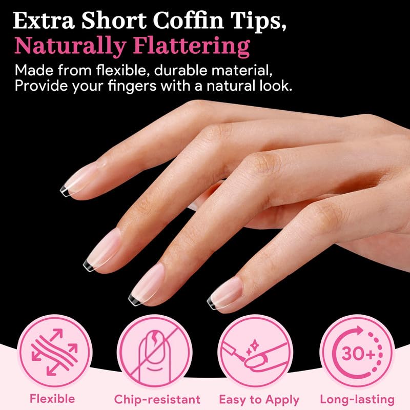 Extra Short Coffin Fake Nail Tips, 15 Sizes 240 PCS Clear Half Matte Press On False Nail Pre-shaped Half Soft Cover Gel Nail Tips Extensions Thick Long Lasting for DIY Beginners & Salon Manicure