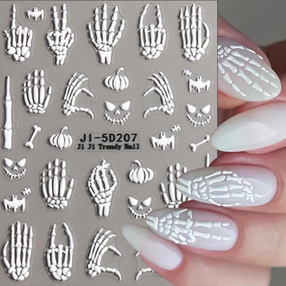 Halloween Nail Art Stickers 5D Embossed Rose Skeleton Nail Decals 3PCS Gold Rose Gold White Fantasy Bone Pumpkin Bat Design Halloween Nail Stickers Supply for Women Holiday Manicure Nail Decorations