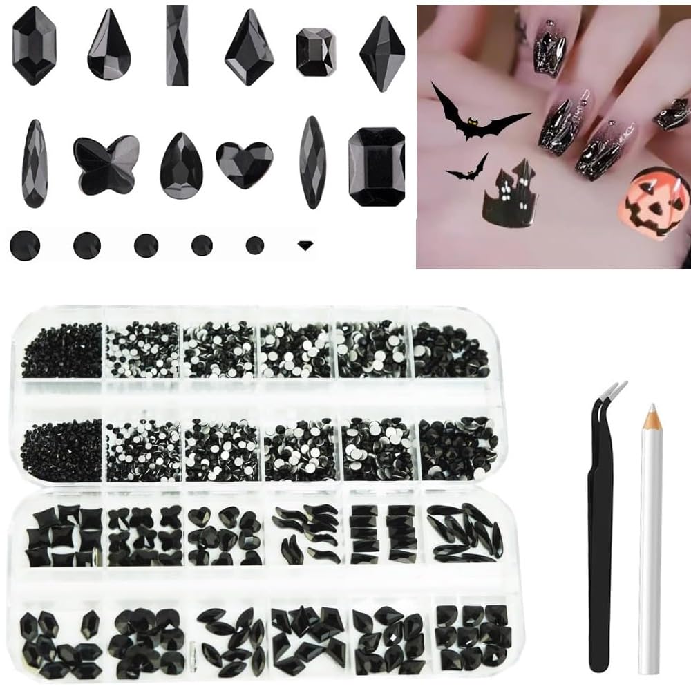 2680Pcs Black Rhinestones Nail Gems, 120pcs Big Black Nails Charms with Bling Flatback Round Beads, Light Black Clear Diamond Stones Jewelry Supplie for DIY Face Eyes Makeup Crafts Decoration