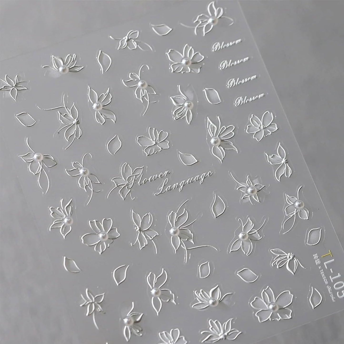 Flower Nail Stickers White Nail Art Stickers Pearl Floral Nail Decals Self-Adhesive 5D Embossed Nail Decals for Women Girls Acrylic Nails Manicure DIY Nail Supplies