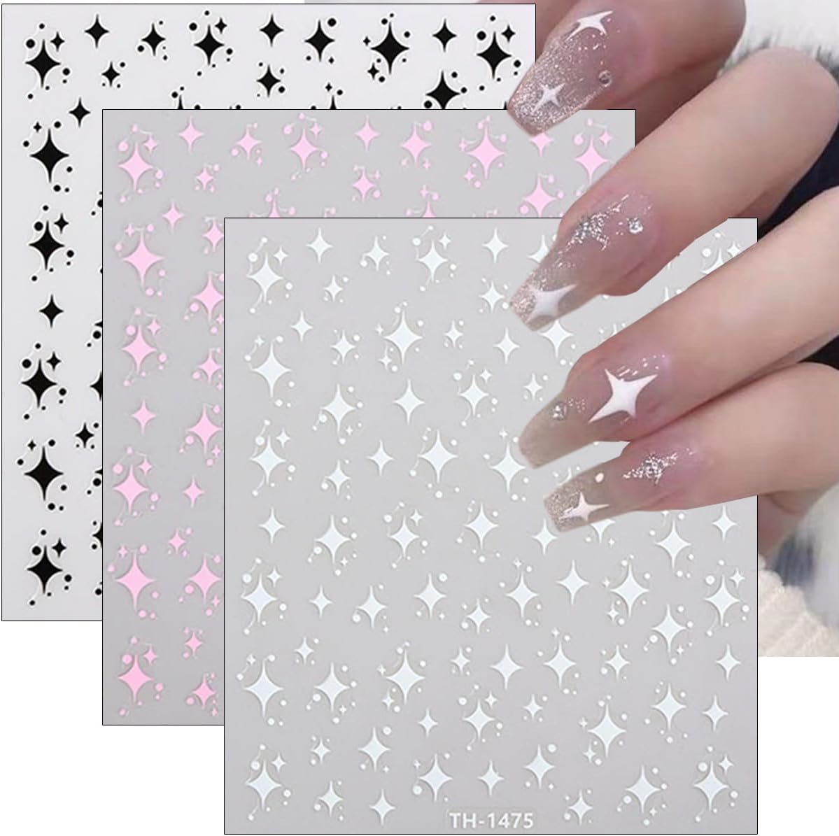 6Pcs Independence Day Star Nail Art Stickers Decals 3D Self-Adhesive Shiny Star Nails Decals Glitter Black White Pink Blue Five Pointed Stars Nail Stickers French Starlight Nails Supplies Decoration