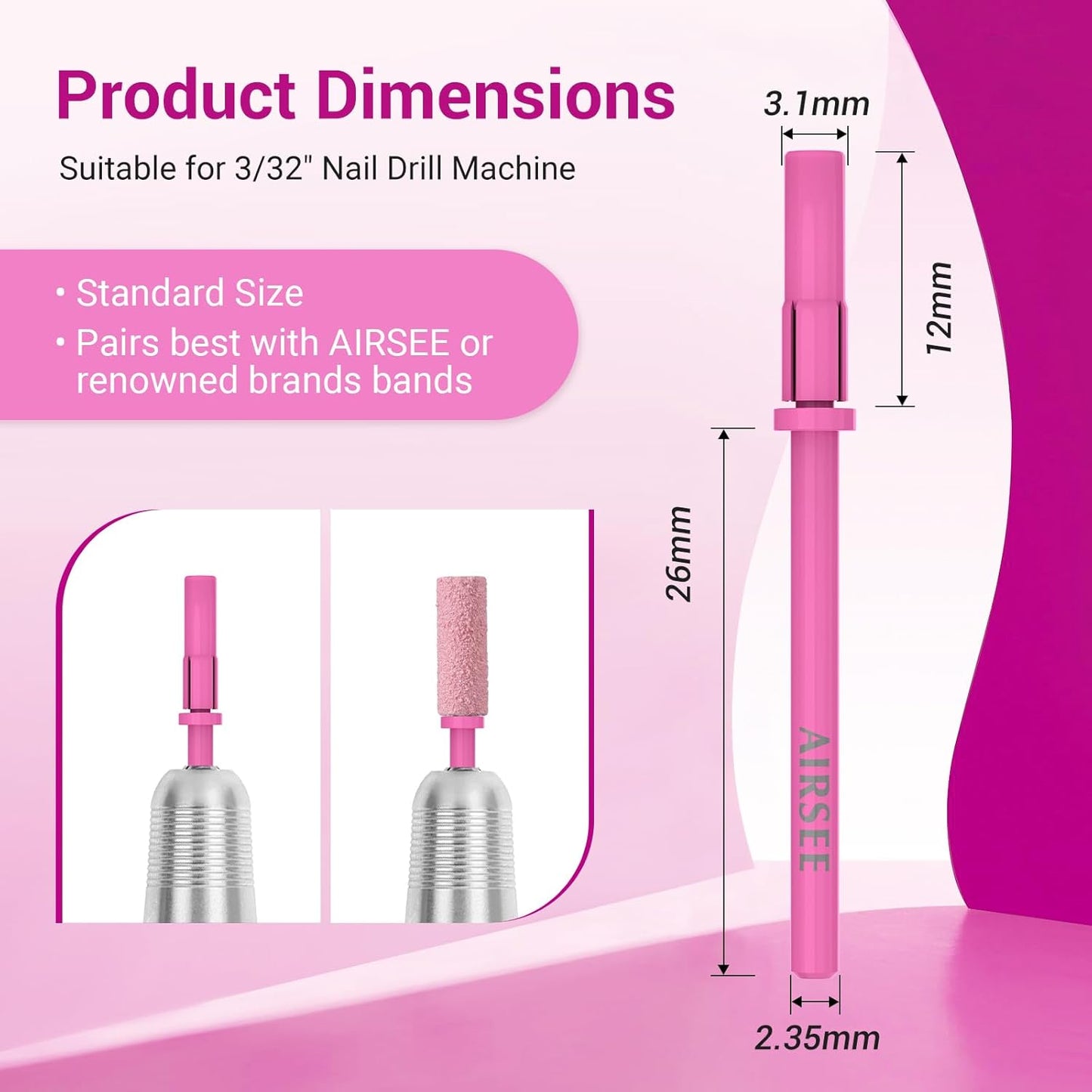 AIRSEE 3.1mm Small Nail Drill Mandrel Bits for Mini Efile Sanding Bands, Stainless Steel Professional Electric Head Clean Remove Cuticle Removing, Acrylic Manicure Sander Safety (Pistil Pink)