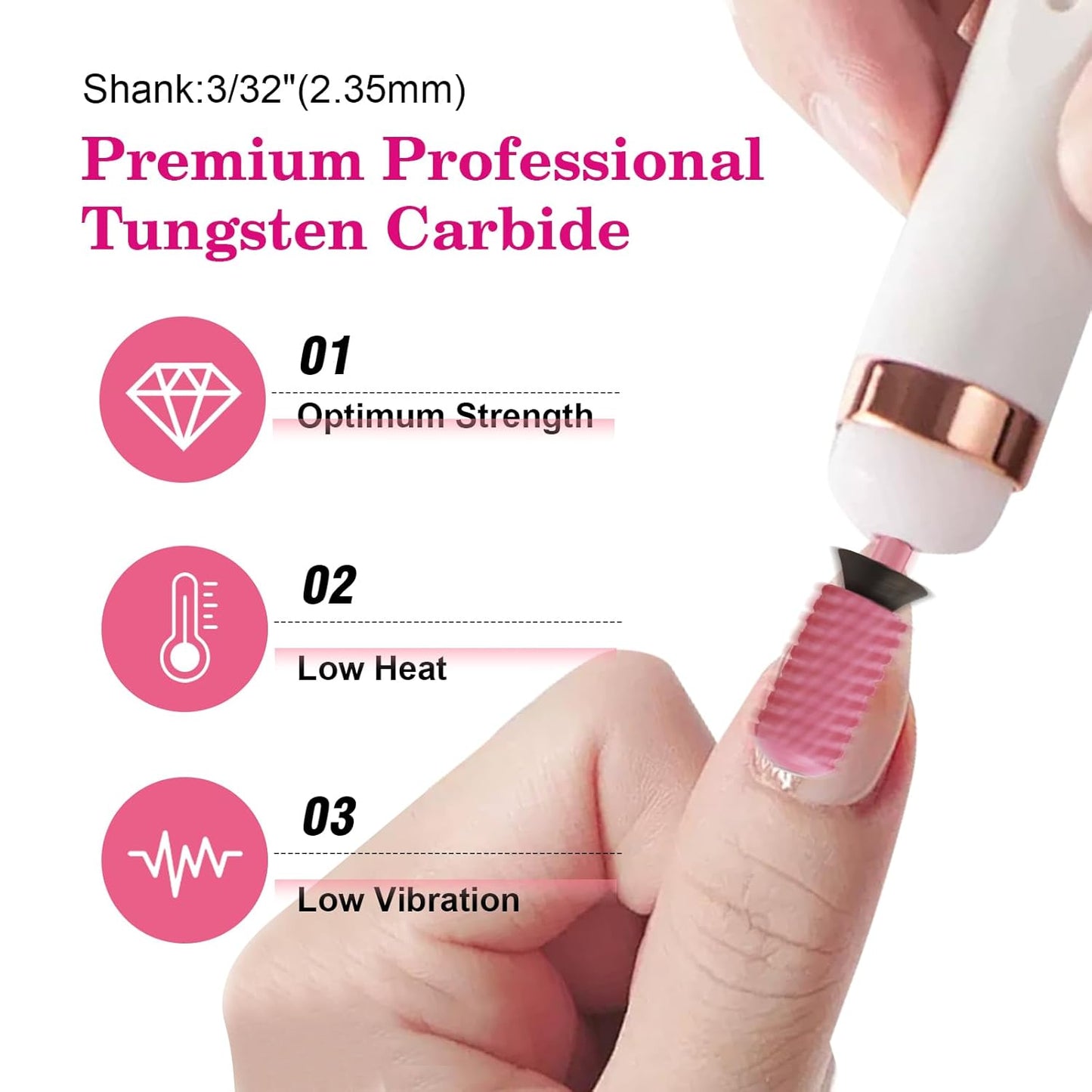 3/32" Large Barrel Smooth Round Top Tungsten Carbide Nail Drill Bit Safety for Gel & Acrylic Removal 2-Way Rotating Efile Tip Professional Salon Electric File Accessory (XC Grit, Rose Red)