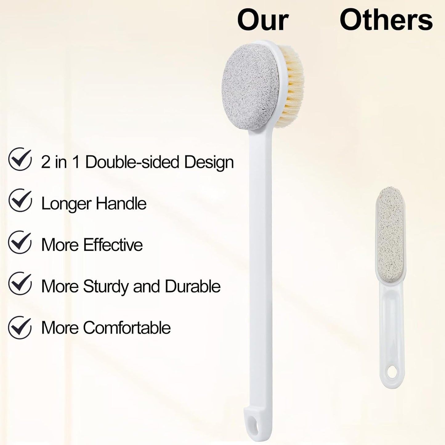 Pumice Stone and Shower Brush with Long Handle, Hard Skin Callus Remover, 2 in 1 Foot Scrubber, Back Scrubber for Shower Deep Cleansing and Exfoliation, Dry Brushing Body Brush (Straight)