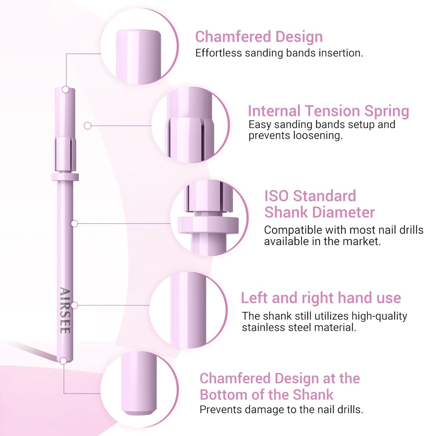 AIRSEE 3.1mm Small Nail Drill Mandrel Bits for Mini Efile Sanding Bands, Stainless Steel Professional Electric Head Clean Remove Cuticle Removing, Acrylic Manicure Sander Safety (Rose Pink)