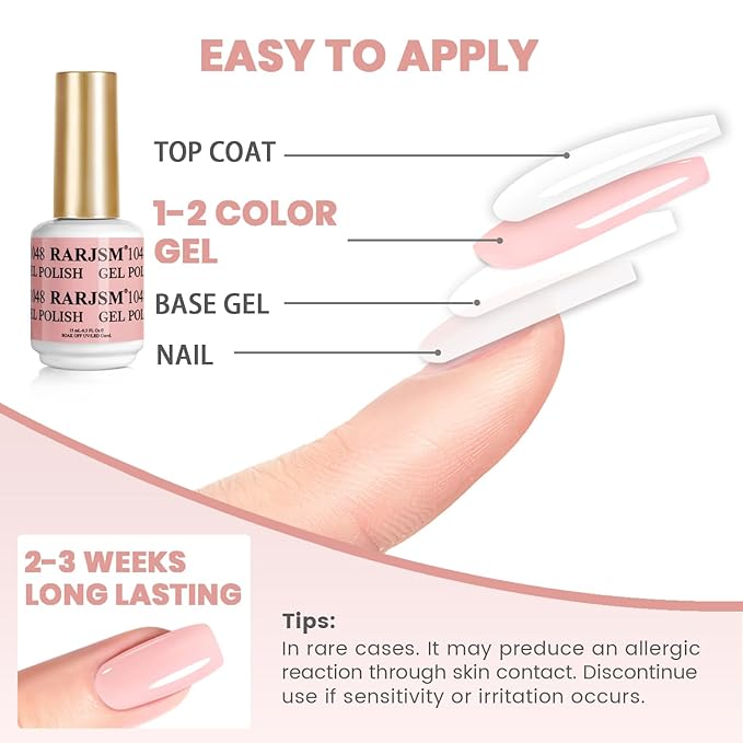 RARJSM Bubble Pink Nude Gel Nail Polish 2pcs Set,Gel and Lacquer Combo,PalePink Air Dry Nail Lacquer and Nude Pink GelPolish LED UV Curing Requires French Manicure DIY Nail Art Home Salon 15ml