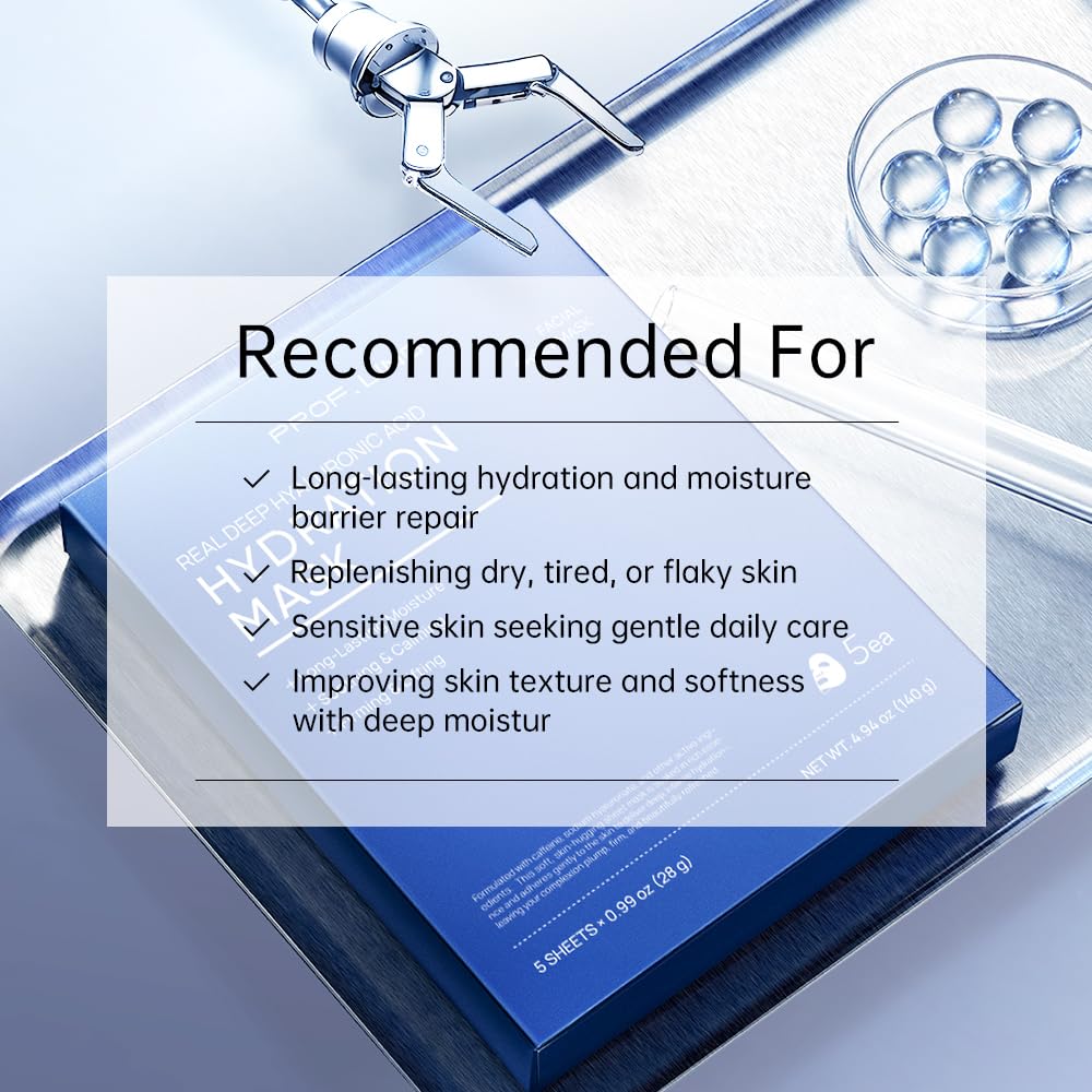 REAL DEEP Hyaluronic Acid Hydration Face Mask - 24H Moisturizing for Dry & Sensitive Skin, with Niacinamide & Panthenol, Soothing Camellia Sheet Mask for Plumping, Firming & Brightening, 5 Count
