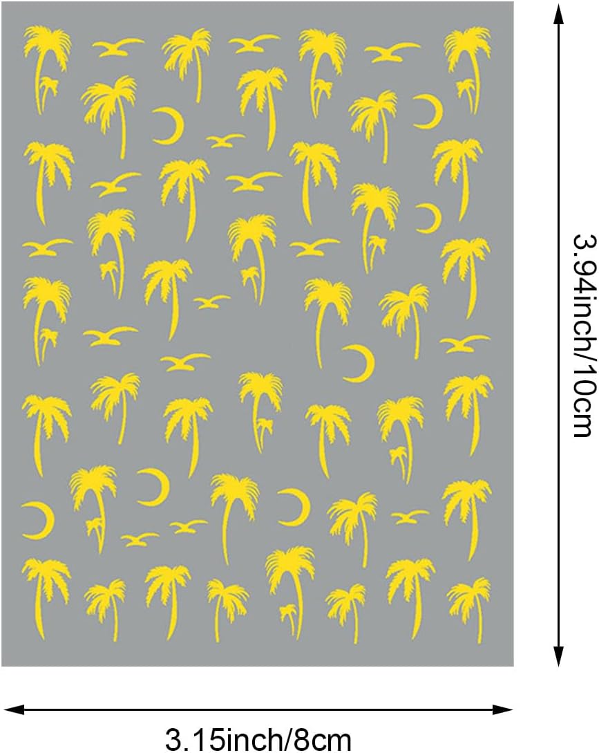 12 Sheets Palm Tree Nail Art Stickers, Holographic Black Gold Beach Theme Decals, Self-Adhesive 3D Tropical Seagulls Design for Summer Nail Decoration