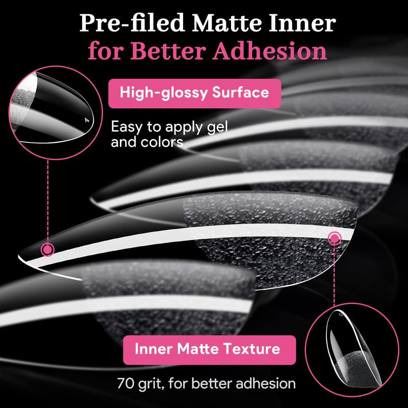 Medium Oval Fake Nail Tips - 15 Sizes 240 PCS Clear Half Matte Press On False Nail Tips Pre-shaped Soft Full Cover Gel Nail Tips Extensions Thick Long Lasting for DIY Beginners& Salon Manicure