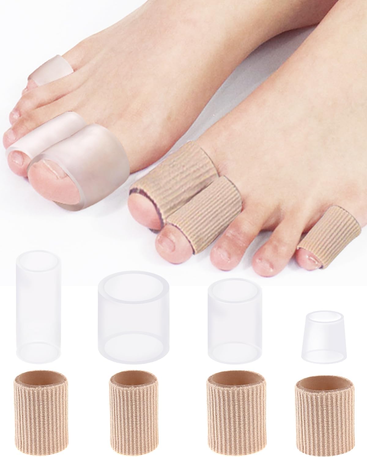 16PCS Silicone Toe Sleeves Gel Corn Protectors Toe Tube Cushions with 4 Size, Soft Corn Pads Covers for Women Men Pain Relief, Calluses, Blisters, Bunion, Hammer (8gel+8nylon)