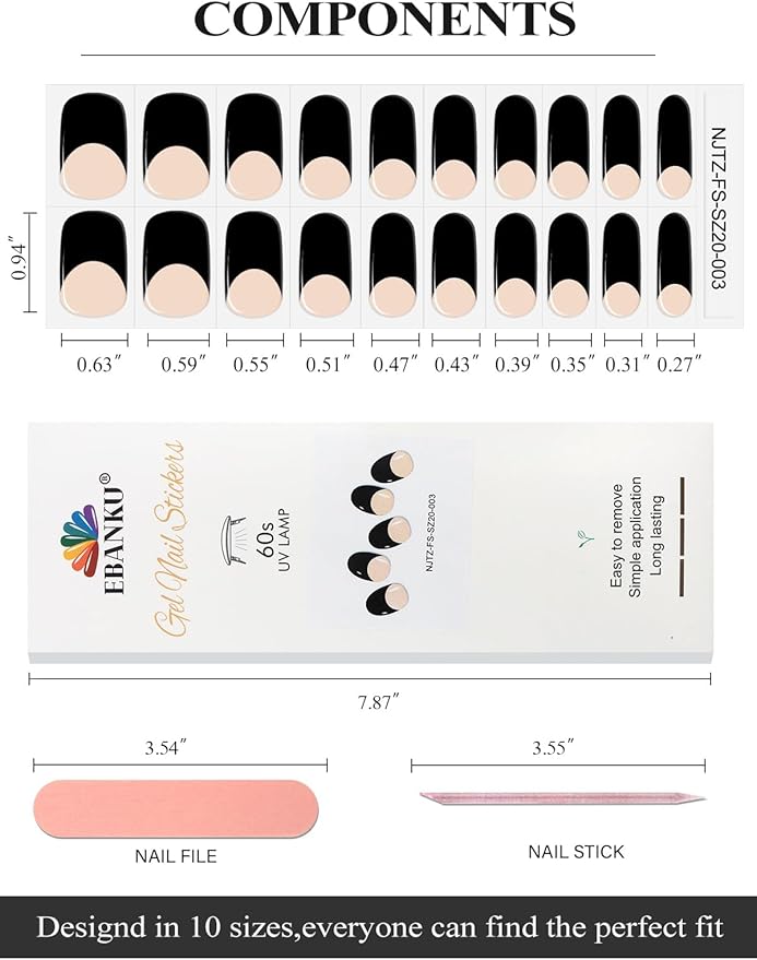 EBANKU 20Pcs Semi-Cured Gel Nail Strips for Women, Girl， Black Deep French Nail Sticker, Lasting Waterproof Full Wraps Stickers for Salon Manicures, Perfect with File and Stick