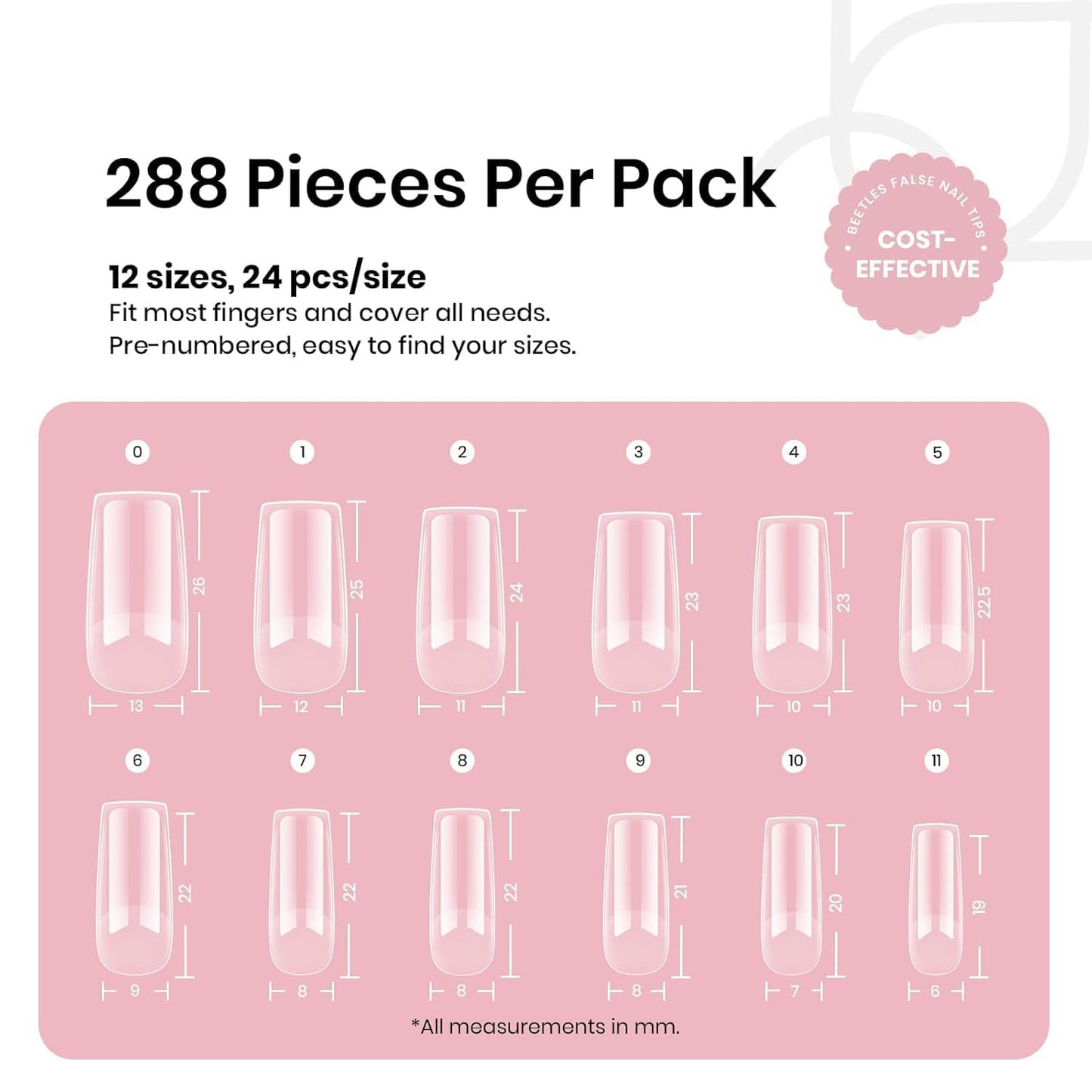 Beetles Gel Nail Tips Etch-X, Square Medium, 288Pcs 12 Sizes, Pre-Etched Half Matte Soft Acrylic False Nail Tips Full Cover Easy DIY Fake Press On Fall Nail Extension Salon Gift for Women