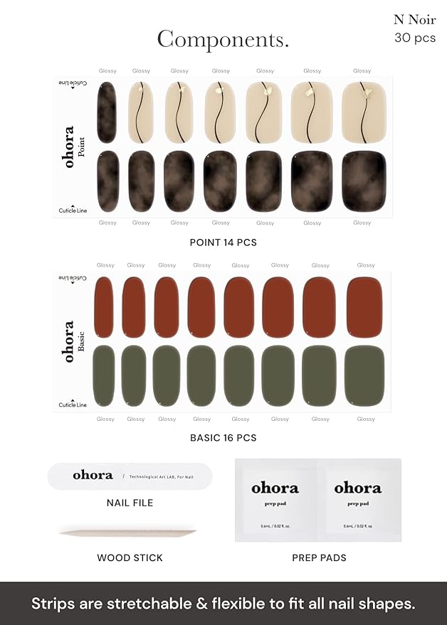 ohora Semi Cured Gel Nail Strips (N Noir) - Dark, Patterned, Works with Any UV/LED Lamps, Salon-Quality, Long Lasting, Easy to Apply & Remove - Includes 2 Prep Pads, Nail File & Wooden Stick
