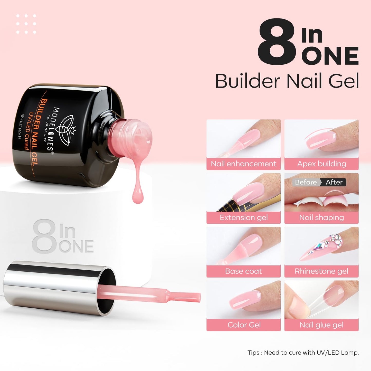 modelones Builder Nail Gel, 2 Pcs Clear and Rose Nude Pink Builder Nail Polish for Thickening Apex Building 8-in-One Rubber Color Base Polish Strengthener Extend Gel LED Lamp Cured 10 ml DIY Salon