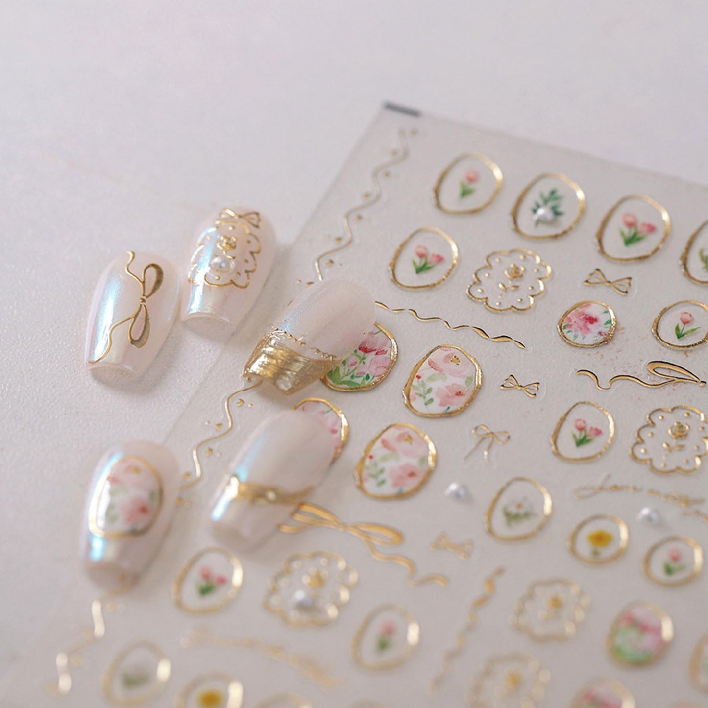 Flower Nail Art Stickers 5D Embossed Nail Stickers Tulip and Gold Hollow Nail Decals for Nails Art Designs Self-Adhesive Nail Art Supplies for Women Girls Summer DIY Manicure