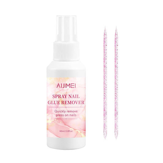 AIJIMEI Spray Nail Glue Remover 60ml 2fl.oz for Press on Nails Remove Solid Glue Gel Flase Tips with 2pcs Crystal Rod Nail Art Kit for Home