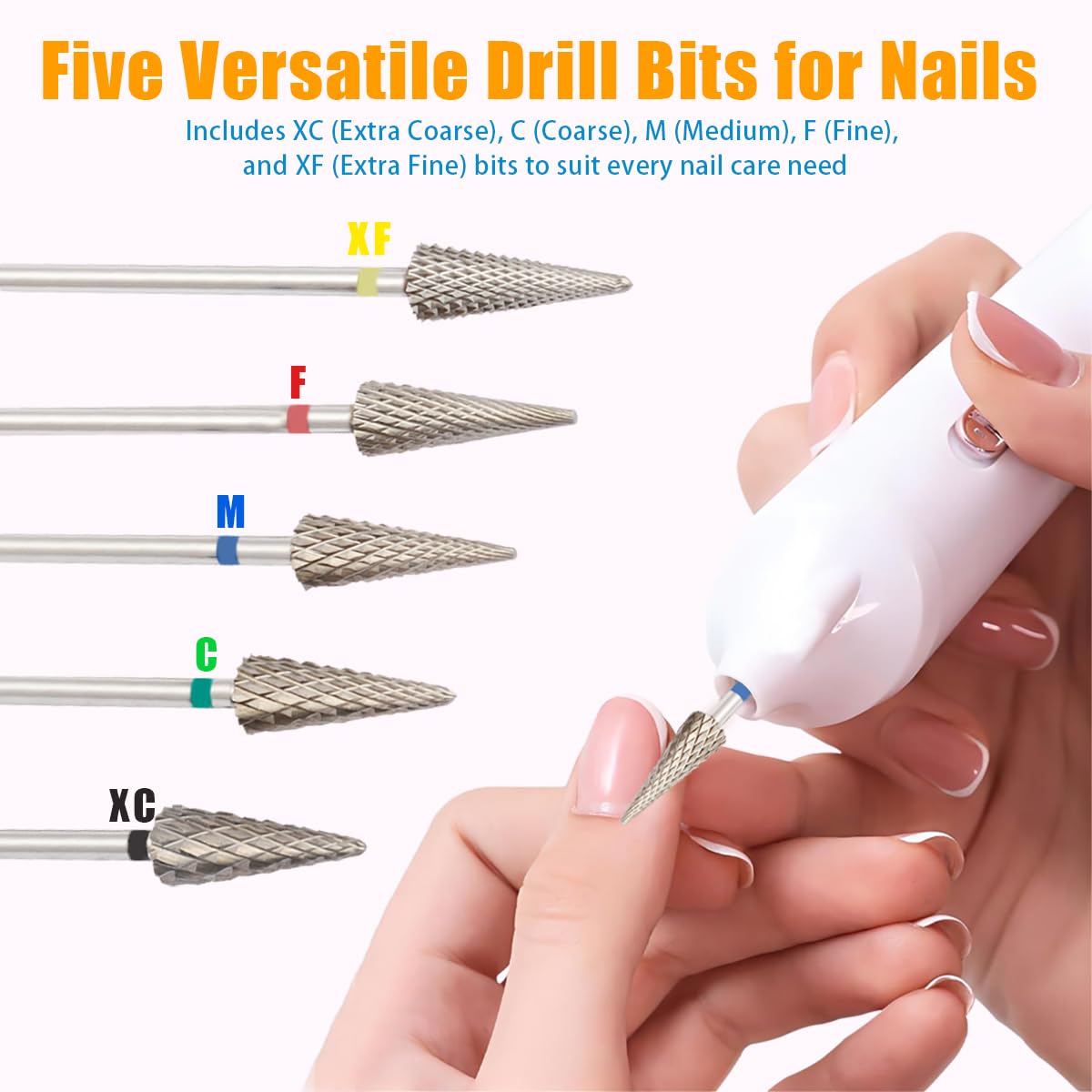 5Pcs Tungsten Carbide Nail Drill Bits Set, 3/32" Shank Fine Drill Bit for Acrylic Nails, XC, C, M, F, XF, 5 in 1 Drill Bits for Nail Care, Gel Removal, Cuticle Polishing