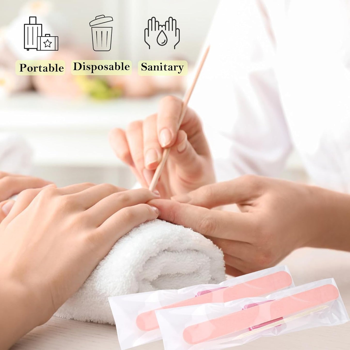 Disposable Manicure Kit - 50pc Set, Includes Mini Nail Buffer, Nail File, Wood Stick, OPP Bag, Press On Nail Tool Kit for Salon & Home (Pink)