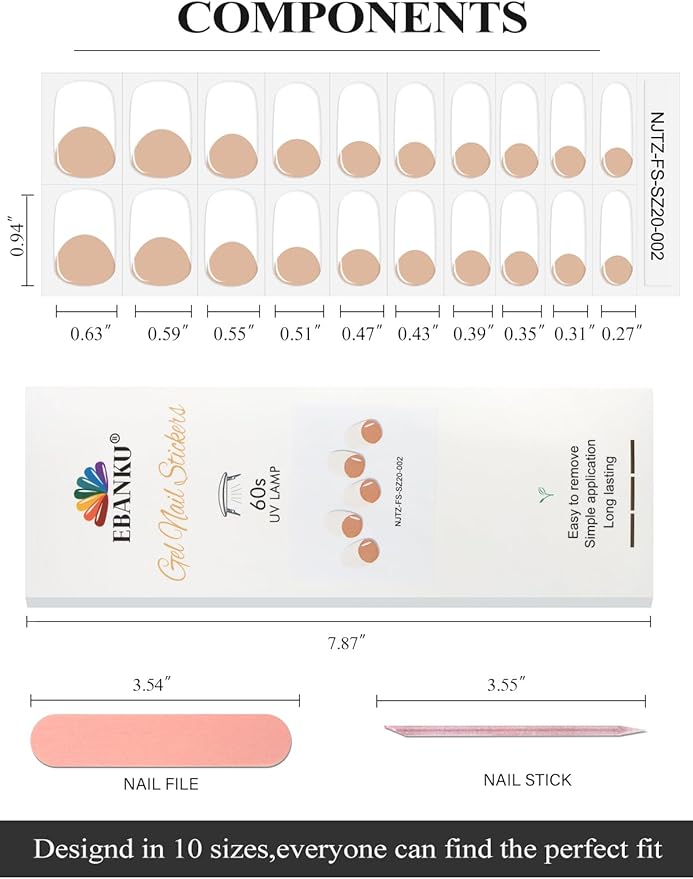 EBANKU 20Pcs Semi-Cured Gel Nail Strips,Terra Cotta Deep French Nail Sticker, Lasting Waterproof Full Wraps Stickers for Salon Manicures, Perfect for Women, Girl with File and Stick