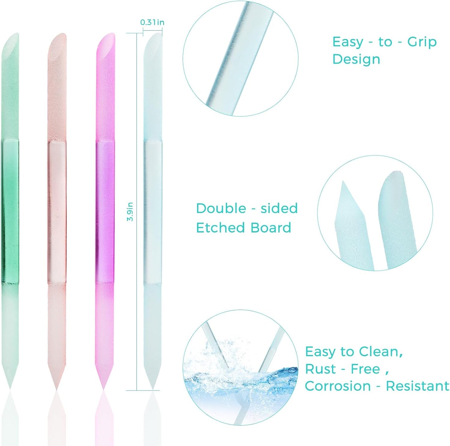 JERCLITY 4 Pieces Double-Ended Glass Nail Files Glass Cuticle Pusher Cuticle Stick Set Nano-Frosted Nail Polished Crystal Glass Rod Manicure Pedicure Pusher Tools(Peach Pink/Purple/Cyan/Green)