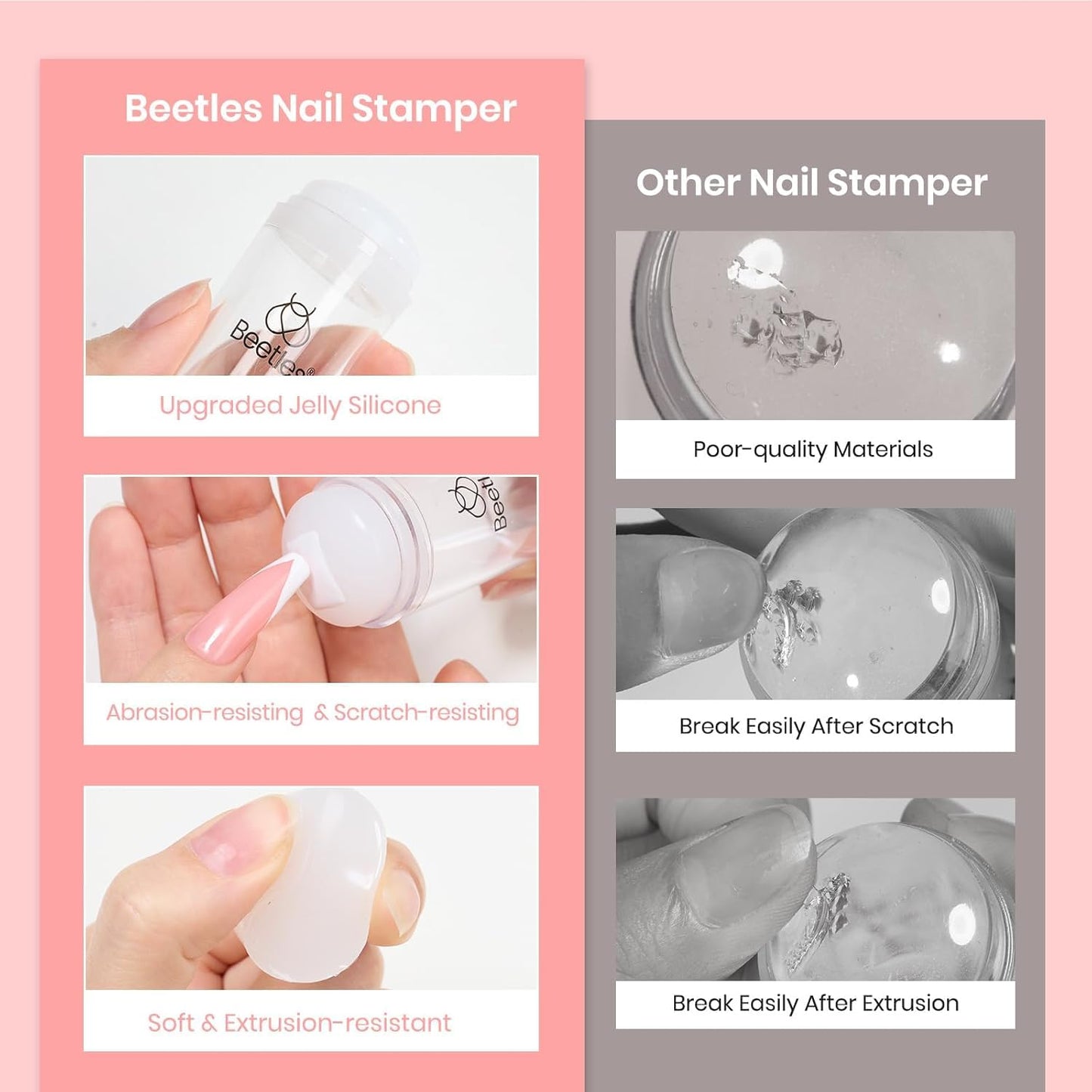 Beetles Nail Stamp, 4Pcs French Tip Tool Easy Manicure Nail Stamper Single Head Soft Silicone Long & Short French Tip Stamp Tool with 2Pcs Nail Scraper Decorations Gift for Women