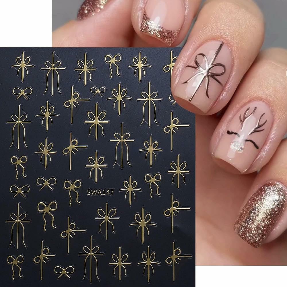 Christmas Nail Art Stickers Decals Christmas Gift Bow Nail Decals 6PCS Golden Green Red Ribbon 3D Self-Adhesive Nail Designs Holiday Nail Stickers Manicure Supply for Women DIY Nail Art Decorations