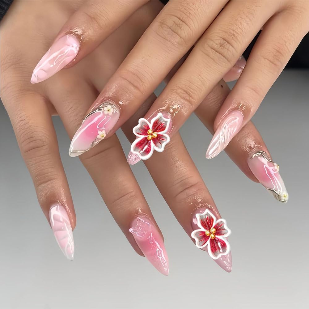 2 Sheets Flower Nail Stickers for Nail Art, 5D Embossed Hibiscus Nail Decals Self Adhesive Spring Summer Floral Nail Supplies for Women Girls Manicure Decoration