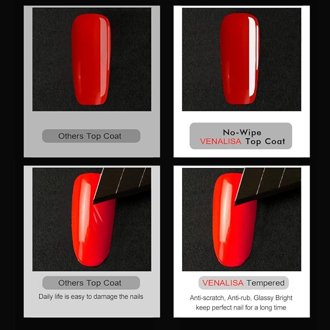 VENALISA 2 Pcs 15ml Gel Nail Ploish Base and Top Coat Set, No Wipe High Gloss Long Lasting Tempered Top Coat Polish Soak Off LED Gel Kit
