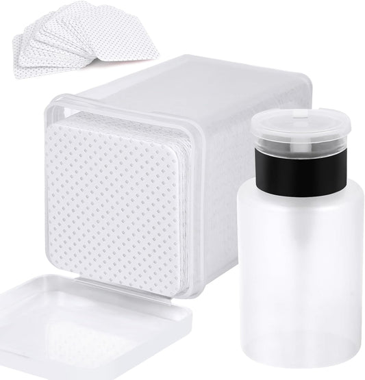 200 Pieces Nail Cotton Pads,1 Pull-Down Pump Dispenser Bottle, Super Absorbent Soft Non-Woven Eyelash Glue Wipes, Nail Polish dehumidifier for Eyelash Extension Products and Nail Oil Bottle (White)