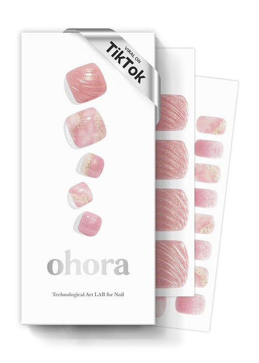 ohora Semi Cured Gel Pedi Strips (P Mermaid Dust) - Works with Any Nail Lamps, Salon-Quality, Long Lasting, Easy to Apply & Remove - Includes 2 Prep Pads, Nail File & Wooden Stick