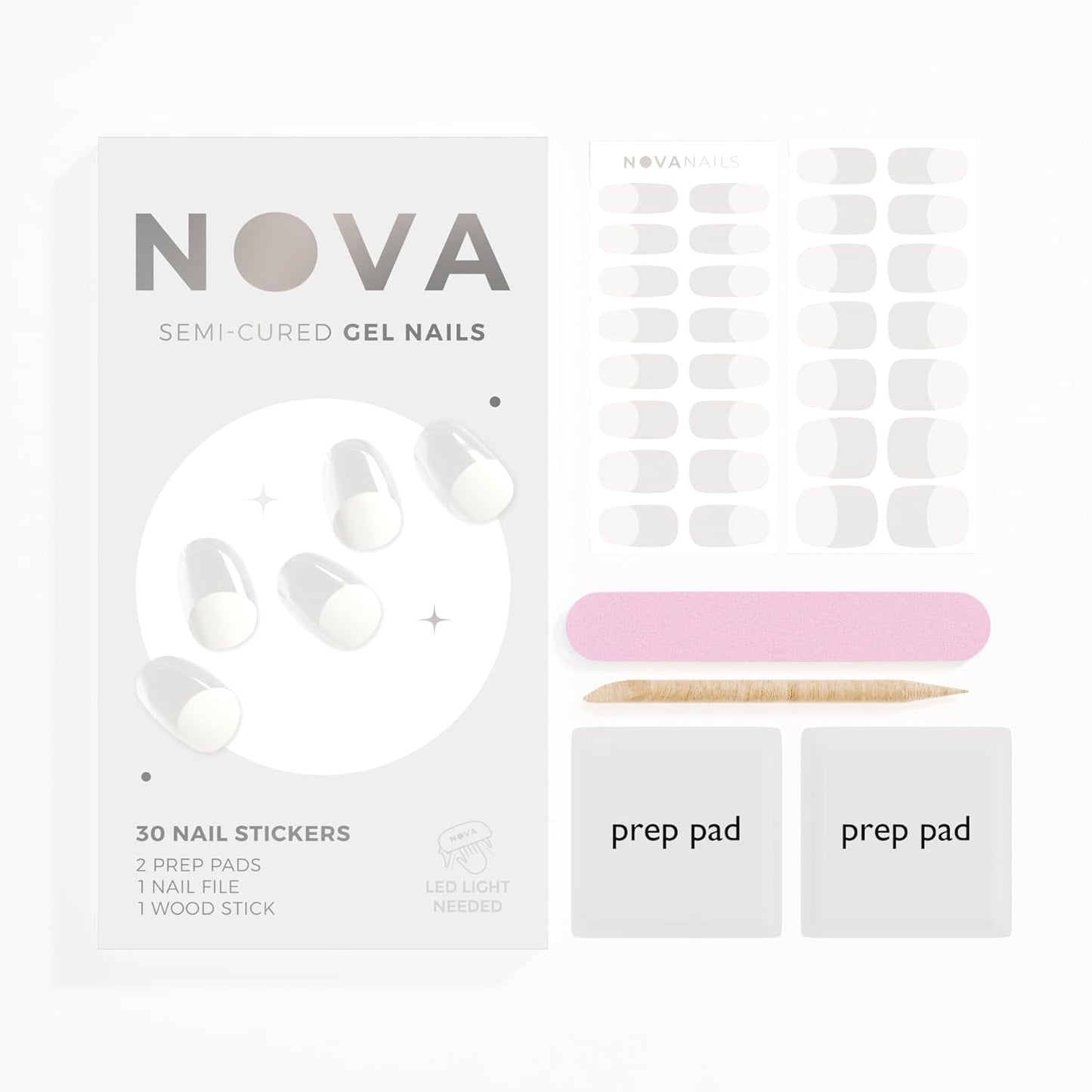 NOVA, Female Founded, Semi Cured Gel Nail Strips (Jolie) - The 10 Minute Manicure. Salon-Quality, Works with Any Nail Lamp, Easy to Apply & Remove - Incl. Nail File & Wooden Stick (Jolie)