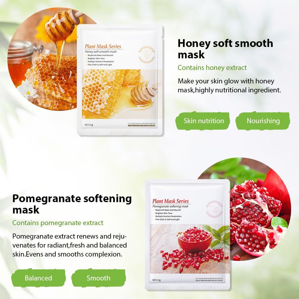 6 PCS Real Hydrating Avocado Honey Pomegranate Aloe Vera Nature Face Masks Skincare, Hyaluronic Acid, Vitamin C and E, Korean Beauty Essence Facial Paper Sheet Mask for Skin Care Moisturizing