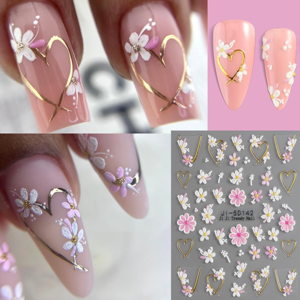 5D Embossed Butterfly Nail Stickers, 3 Sheets Self-Adhesive Nail Decals White Pink Purple Butterfly Daisy Flowers Designs Nail Decorations DIY Manicure Supplies for Women Girls&Kids