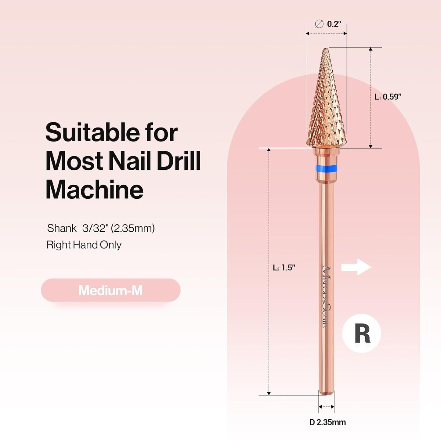 MelodySusie Professional Tapered Nib Nail Drill Bit, 3/32'' Carbide Tungsten Multi-function Bit, Suitable for Manicure Pedicure Cuticle Gel Polishing, Technicians Bit, Rose Gold, Series Bit-M, Medium