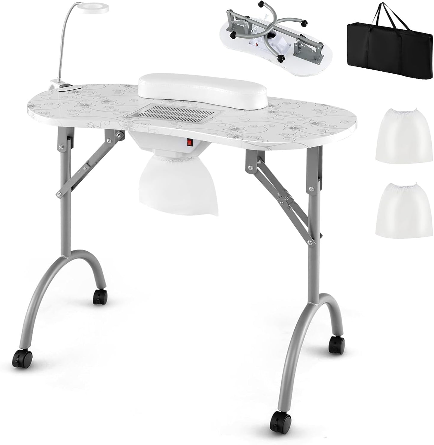 GOFLAME Manicure Nail Table, Foldable Nail Technician Desk w/Electric Downdraft Vent, Bendable LED Lamp, Removable Armrest Pad, Dust Bag, Manicure Table with Lockable Wheels for Home, Salon, White