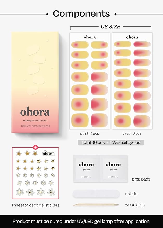 ohora Semi Cured Gel Nail Strips (N Tropical Dream) - Works with Any Lamps, Salon-Quality, Long Lasting, Easy to Apply & Remove - Includes 2 Prep Pads, Nail File & Wooden Stick