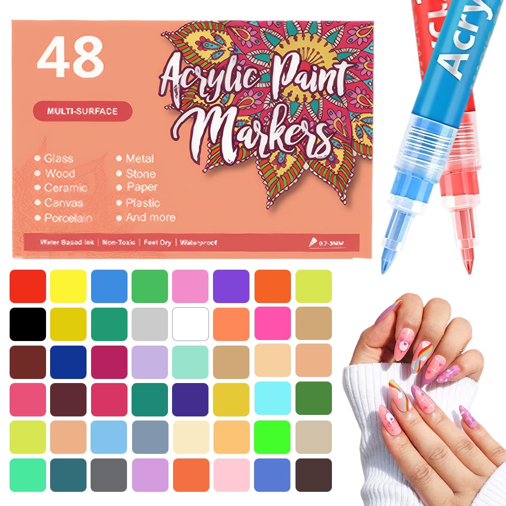 48 Colors Nail Art Pens for Painting Nails, 0.7mm Acrylic Paint Makers DIY Nail Art Markers for Kids and Adults, Quick-drying Nail Polish Pens Doodle Pens for Drawing Point Liner