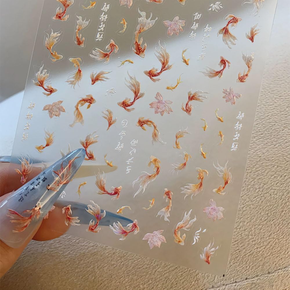 3 Sheets Goldfish Nail Art Stickers, 5D Embossed Cute Fish Nail Decals Self-Adhesive Chinese Style Nail Art Accessories for Women DIY Nail Decorations